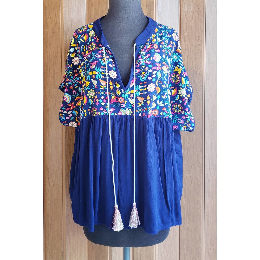 Shein Curve size 2XL blue floral print V-neck blouse